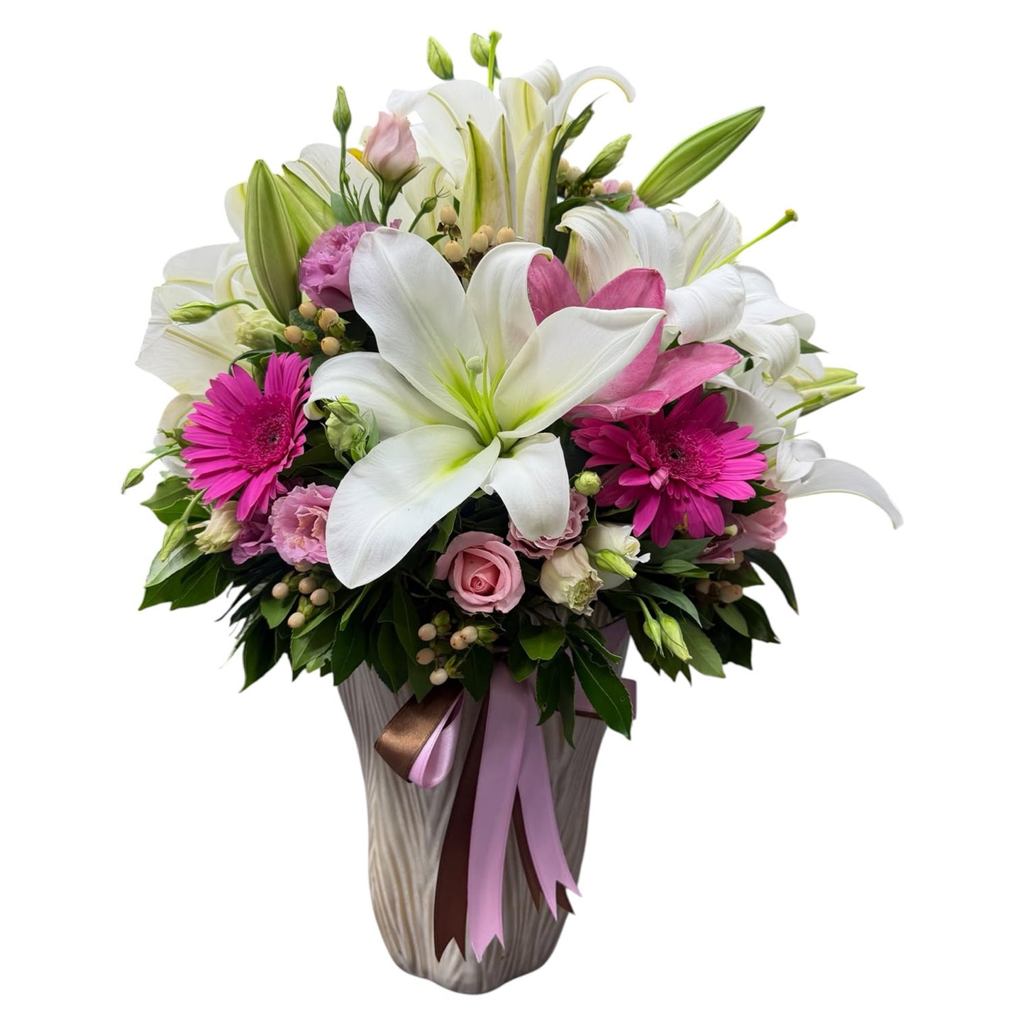 Şölen — Beyaz Lilyum & Fuşya Gerbera Aranjmanı