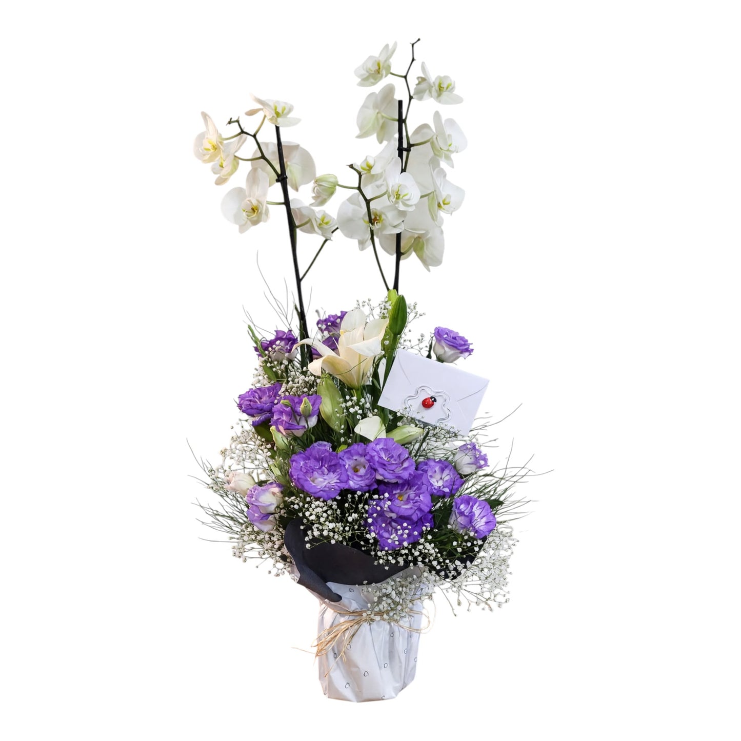 Vefa — Beyaz Orkide & Mor Lisianthus Aranjmanı
